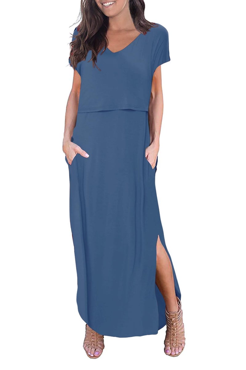 Smallshow Women's Maternity Nursing Dresses Split Long Dress for Breastfeeding Large Dusty Blue - Image 1